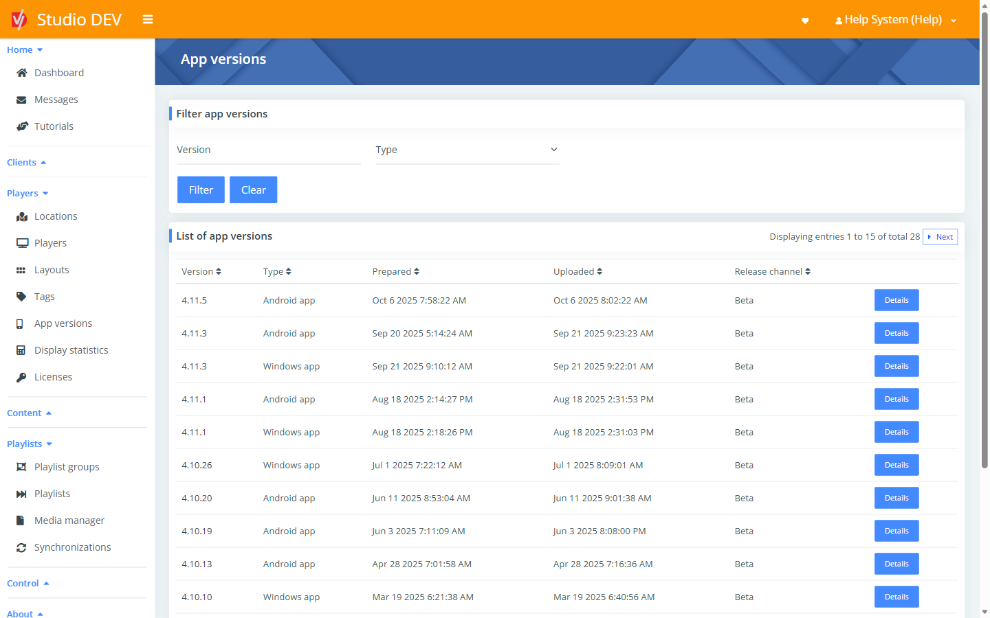 App versions list