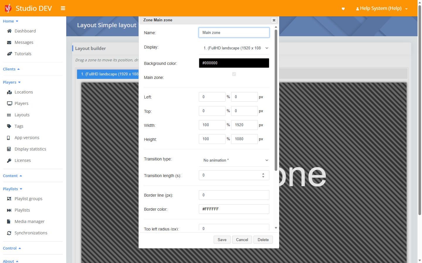 Zone properties dialog