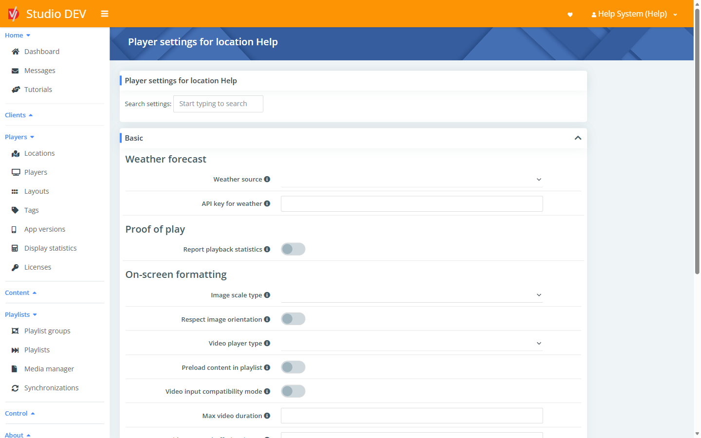 Player settings page