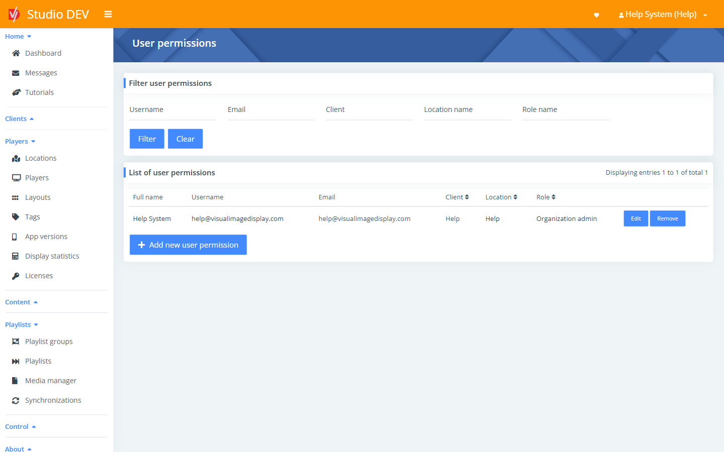 User permissions list